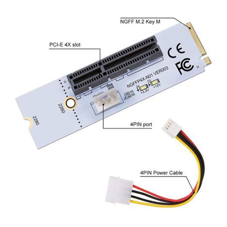 NGFF M.2 キー M から PCI-E 1X / 4X / 8X / 16X グラフィックスカードマイニングスロットアダプター ライザーコンバーターカード LED & 4ピン電源ケーブル付き、VER003 4ピン電源ケーブル付き