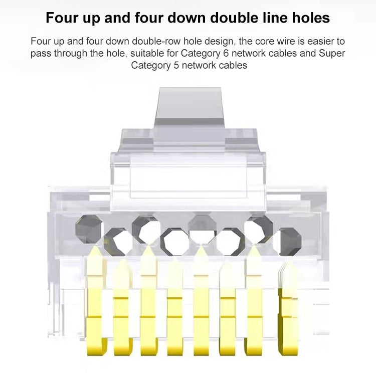 100個入り／パック Cat5e RJ45コネクター シールドなしパススルーモジュラープラグ、ゴールド：3u、Cat5eシールドなしパススルー