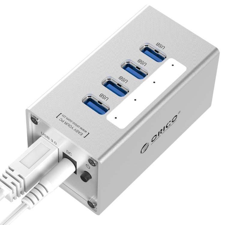 ORICO A3H4 アルミニウム高速4ポート USB 3.0 HUB 12V/2.5A電源付き ノートパソコン用、4ポート（シルバー）