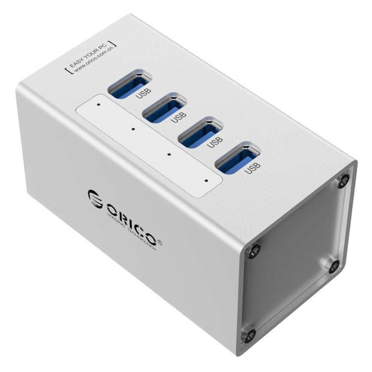 ORICO A3H4 アルミニウム高速4ポート USB 3.0 HUB 12V/2.5A電源付き ノートパソコン用、4ポート（シルバー）