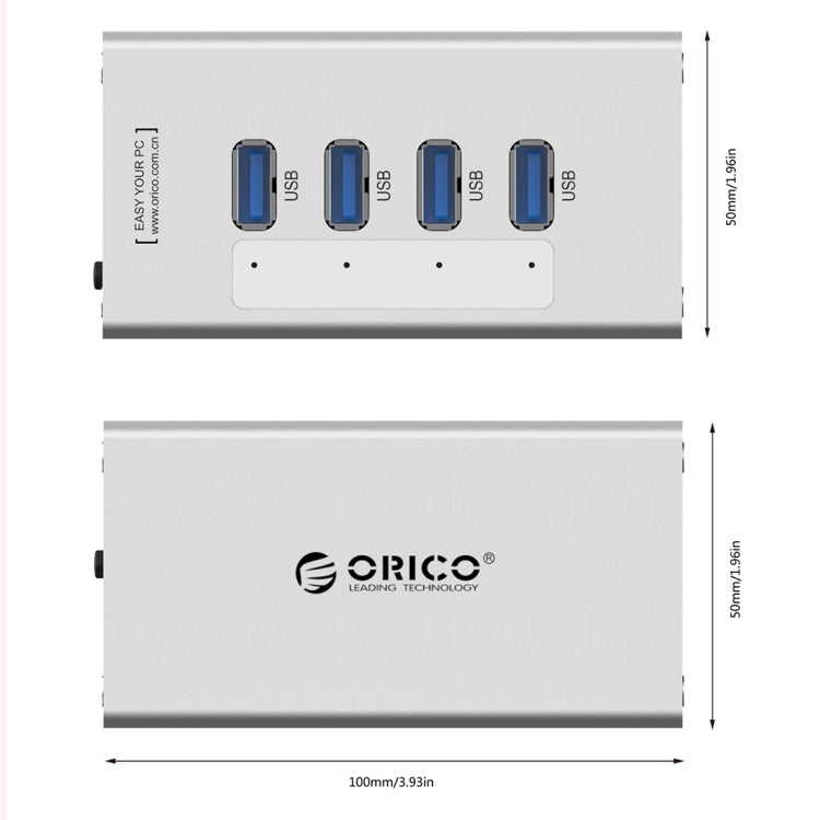 ORICO A3H4 アルミニウム高速4ポート USB 3.0 HUB 12V/2.5A電源付き ノートパソコン用、4ポート（シルバー）