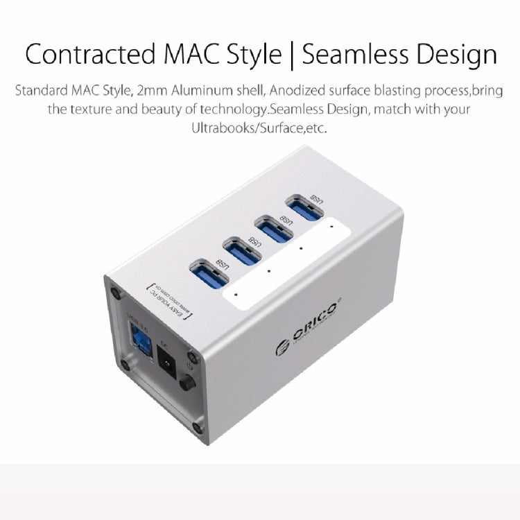 ORICO A3H4 アルミニウム高速4ポート USB 3.0 HUB 12V/2.5A電源付き ノートパソコン用、4ポート（シルバー）