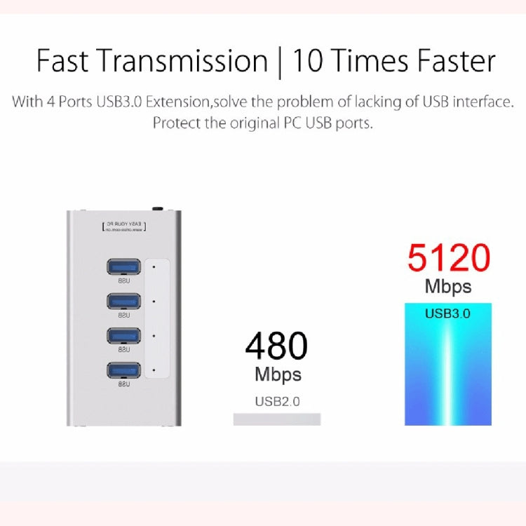 ORICO A3H4 アルミニウム高速4ポート USB 3.0 HUB 12V/2.5A電源付き ノートパソコン用、4ポート（シルバー）