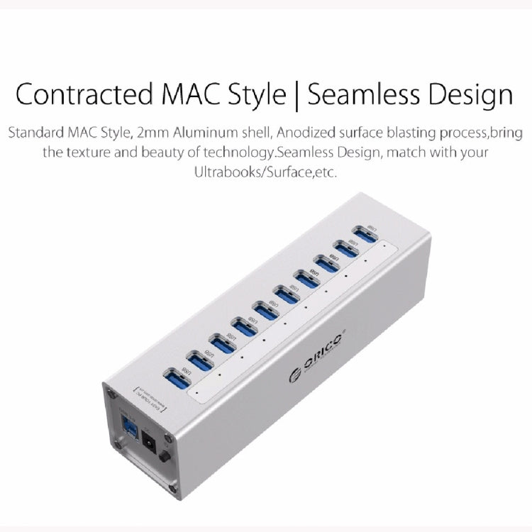 ORICO A3H10 アルミニウム製高速10ポート USB 3.0 HUB 電源アダプター付き ノートパソコン用、10ポート（シルバー）、10ポート（ブラック）
