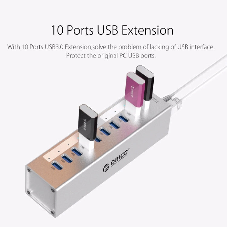 ORICO A3H10 アルミニウム製高速10ポート USB 3.0 HUB 電源アダプター付き ノートパソコン用、10ポート（シルバー）、10ポート（ブラック）