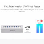 ORICO A3H10 アルミニウム製高速10ポート USB 3.0 HUB 電源アダプター付き ノートパソコン用、10ポート（シルバー）、10ポート（ブラック）