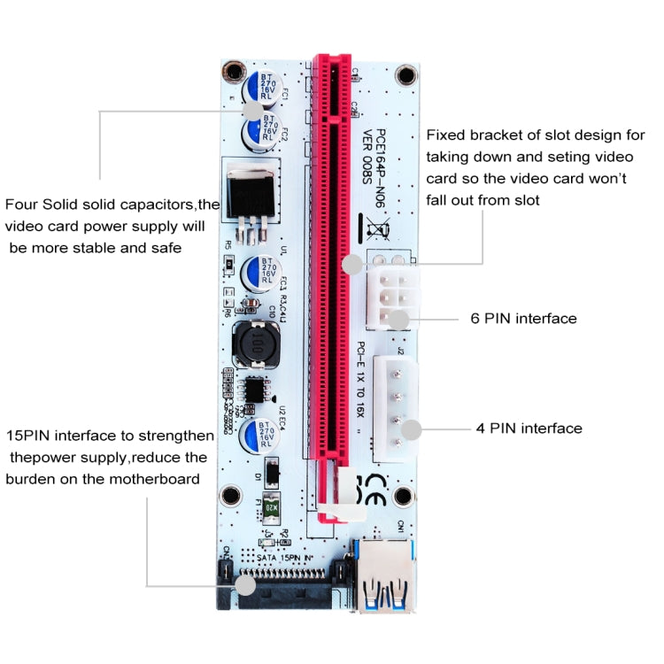 PCE164P-N06 VER008S USB 3.0 PCI-E Express 1x to 16x PCI-E エクステンダーライザーカードアダプター 15ピン SATA電源 6ピン + 4ピン電源ポート 60cm USBケーブル付き、VER008S レッド