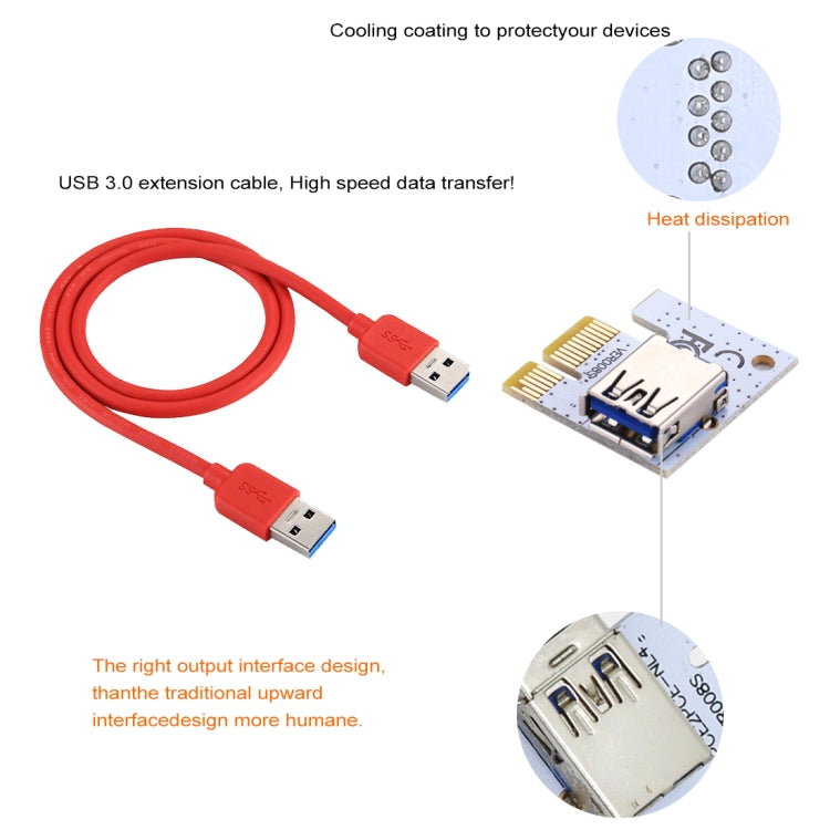 PCE164P-N06 VER008S USB 3.0 PCI-E Express 1x to 16x PCI-E エクステンダーライザーカードアダプター 15ピン SATA電源 6ピン + 4ピン電源ポート 60cm USBケーブル付き、VER008S レッド