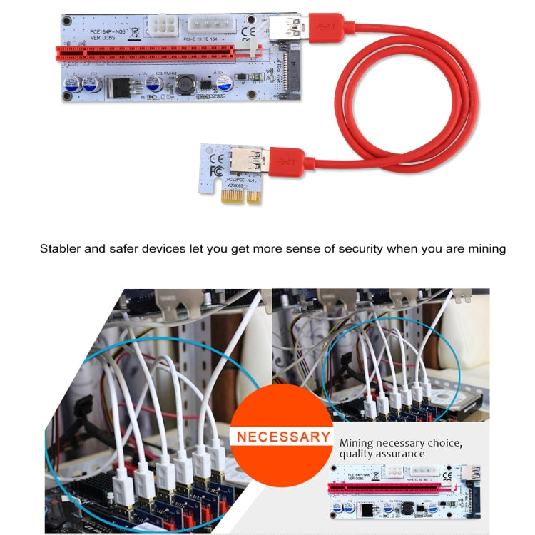 PCE164P-N06 VER008S USB 3.0 PCI-E Express 1x to 16x PCI-E エクステンダーライザーカードアダプター 15ピン SATA電源 6ピン + 4ピン電源ポート 60cm USBケーブル付き、VER008S レッド