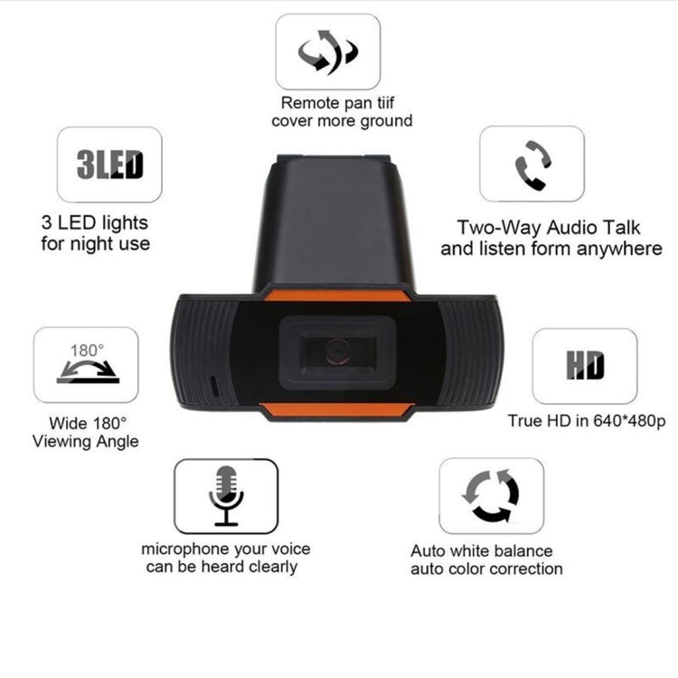 A870 480Pピクセル HD 360度ウェブカメラ USB 2.0 PCカメラ マイク付き Skype用 コンピューターPCラップトップ用 ケーブル長1.4m, A870（オレンジ）, A870（ブラック）