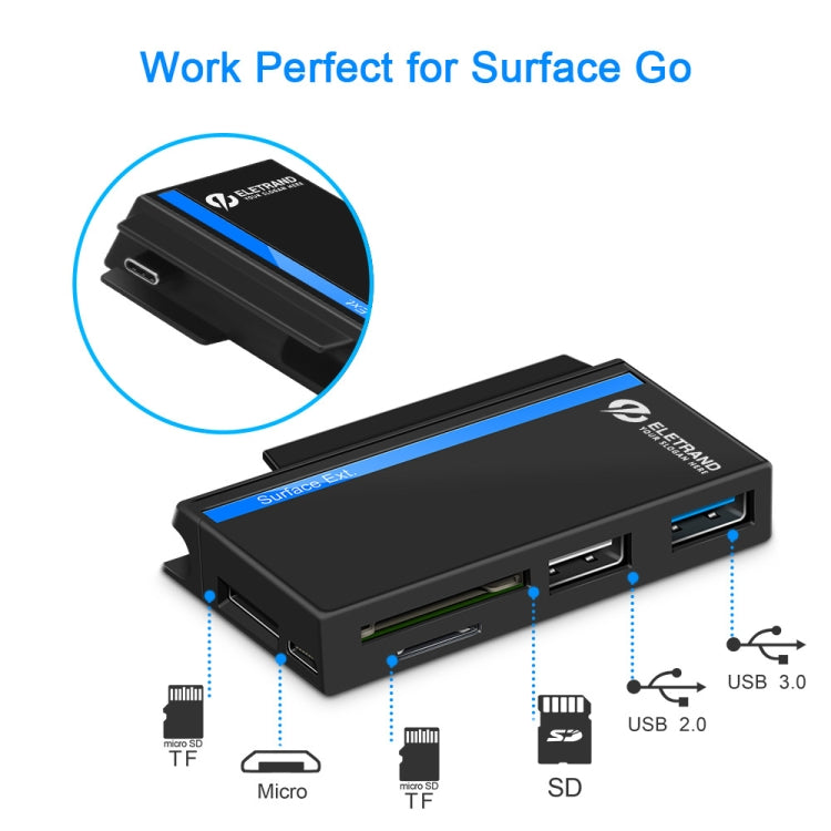 ROCKETEK RT-SGO727 USB 3.0 + USB 2.0 + マイクロUSBインターフェースハブ Microsoft Surface Go用、2つのTFカード & SDカードスロット付き、RT-SGO727