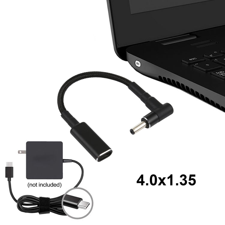 PD 100W 18.5-20V 4.0 x 1.35mm エルボーからUSB-C / タイプCアダプター ナイロン編組ケーブル、4.0 x 1.35mm