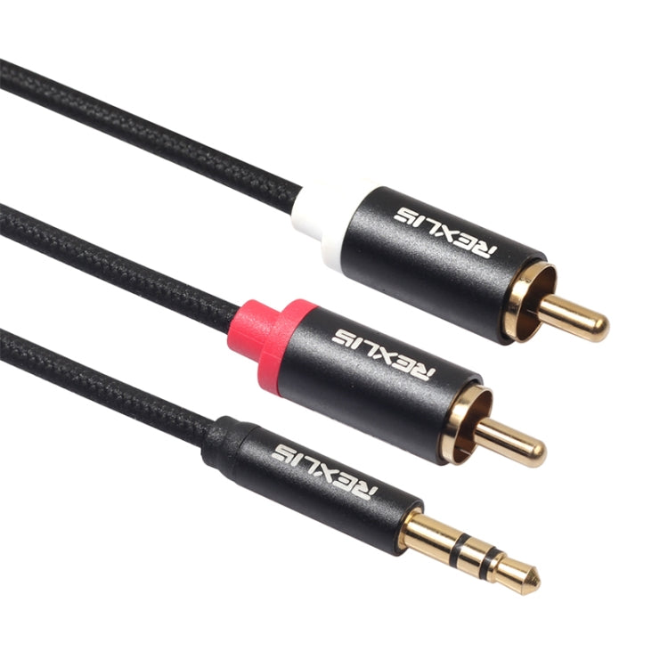 REXLIS 3635 3.5mm オスからデュアルRCA 金メッキプラグ 黒綿編みオーディオケーブル RCA入力インターフェースアクティブスピーカー用、長さ：1.8m