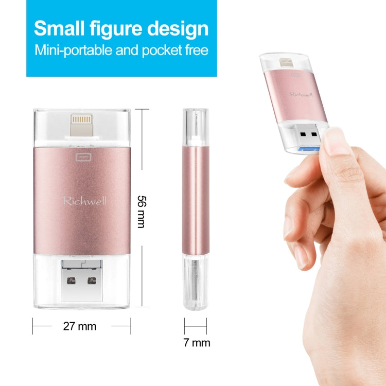 Richwell 3-in-1 128G Type-C + 8ピン + USB 3.0 メタルダブルカバー プッシュプル フラッシュディスク OTG機能付き