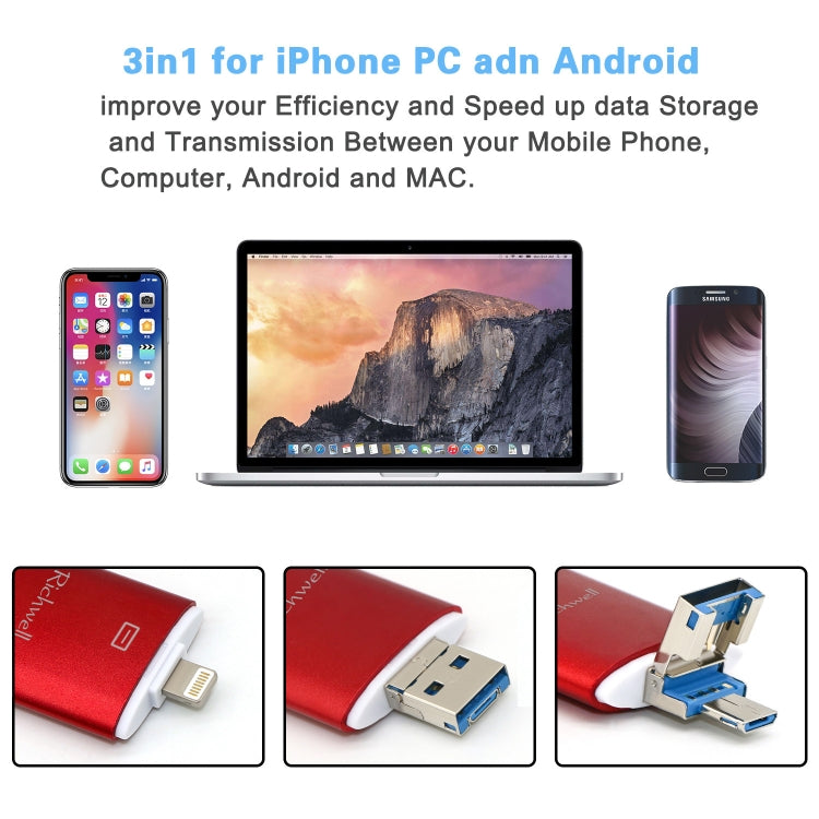 Richwell 3-in-1 128G Type-C + 8ピン + USB 3.0 メタルダブルカバー プッシュプル フラッシュディスク OTG機能付き