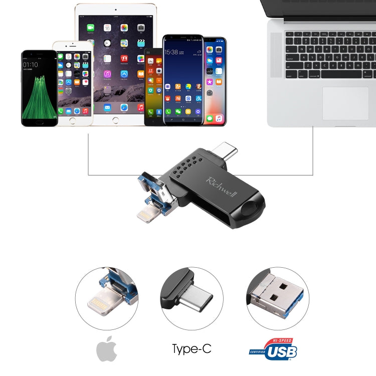 Richwell 16G Type-C + 8ピン + USB 3.0 メタルプッシュプルフラッシュディスク OTG機能付き