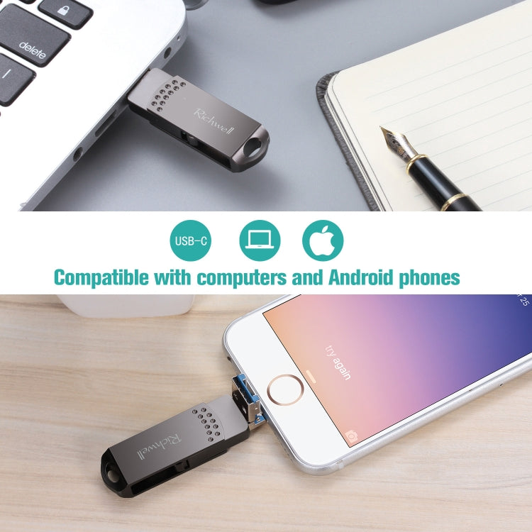 Richwell 32G Type-C + 8ピン + USB 3.0 メタルフラッシュディスク OTG機能付き