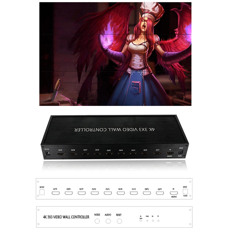 NK-BT88 4K 3X3 HDMIビデオウォールコントローラー マルチスクリーンスプライシングプロセッサー リモコン付き、EUプラグ、EUプラグ