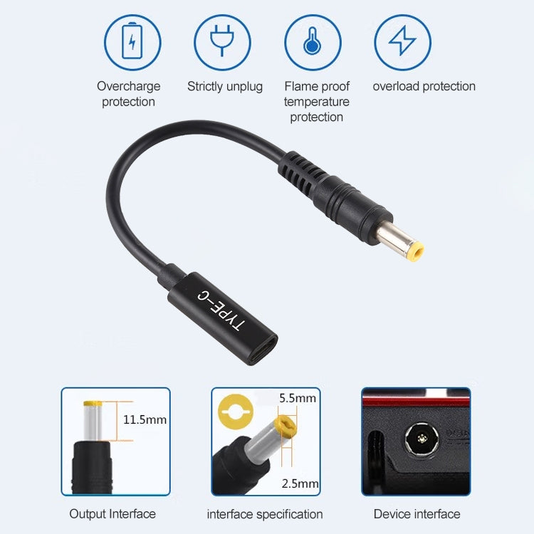 DP USB-C / Type-Cから5.5 x 2.5mm電源アダプター充電ケーブル、5.5 x 2.5mm