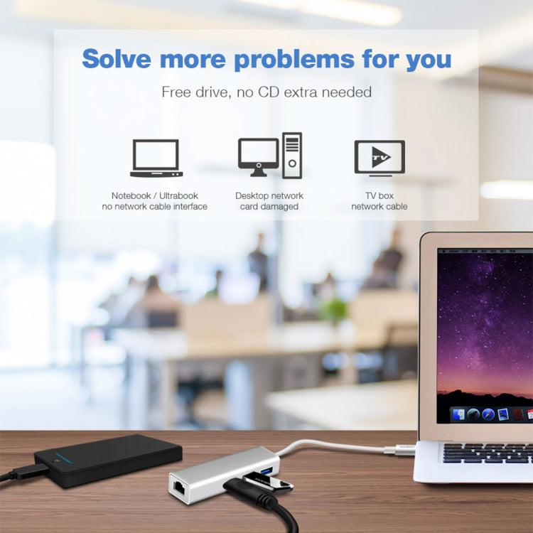アルミシェル 3ポートUSB3.0ハブ + USB-C / Type-C ギガビットイーサネットアダプター、USB Type-C 1000Mbps