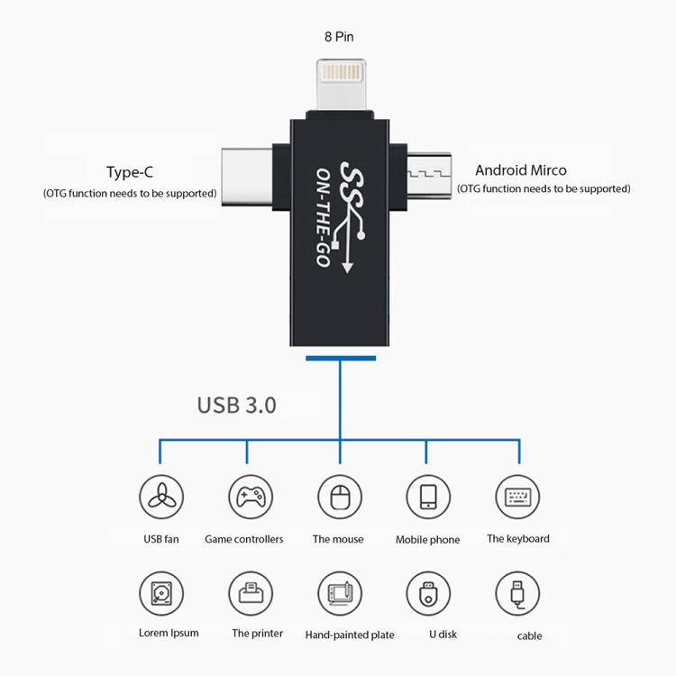 3in1 USB 3.0-8ピン＋マイクロUSB＋USB-C / Type-Cインターフェース多機能OTGアダプター
