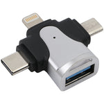 3イン1 8ピン + USB-C / Type-C + マイクロUSB オスからUSB 3.0 メス 亜鉛合金アダプター