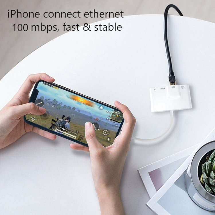 4イン1 8ピンオスから8ピン電源 + RJ45イーサネット + HDMI + USBカメラメス OTGデジタルAVアダプター、RJ45イーサネット