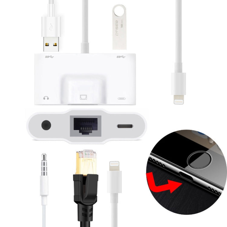 NK-1033 5イン1 8ピンオスからデュアルUSB + 3.5mm AUX + イーサネット + 8ピン電源メスアダプター、NK-1033