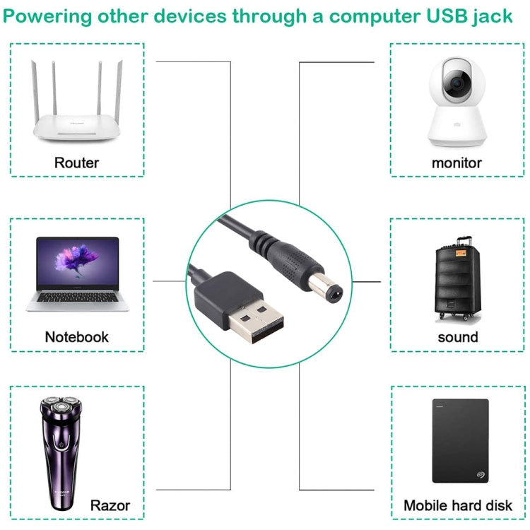 3A USB から 5.5 x 2.1mm DC電源プラグケーブル、長さ：1m、USB から DC 5.5x2.1mm