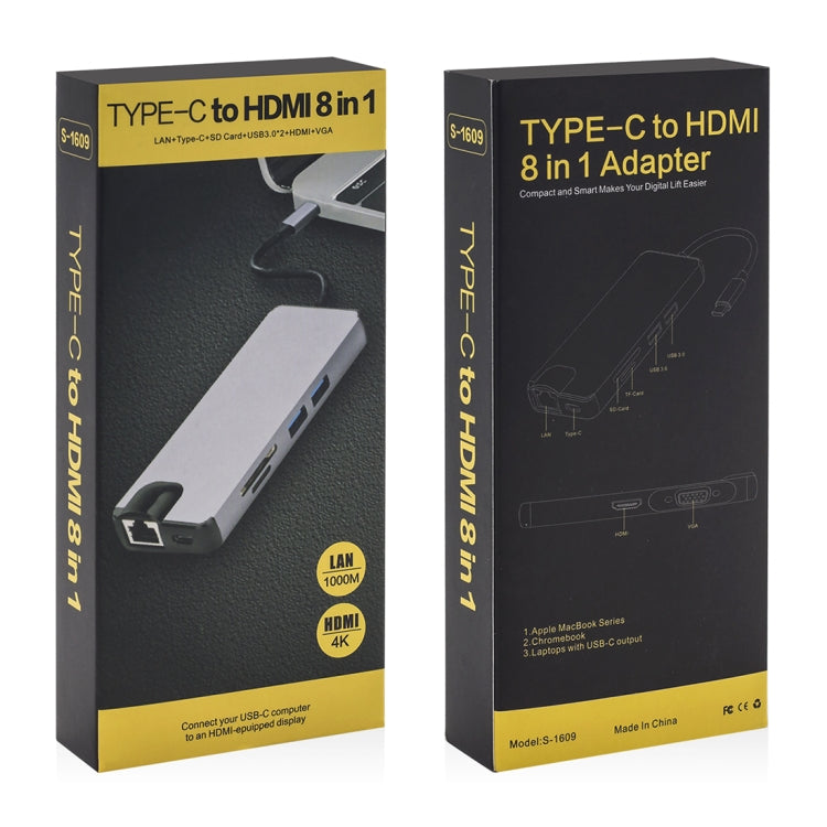 8-in-1 Type-C から HDMI + USB 3.0 + USB 3.0 + Type-C + LAN + VGA + TF/SDカードリーダーアダプター