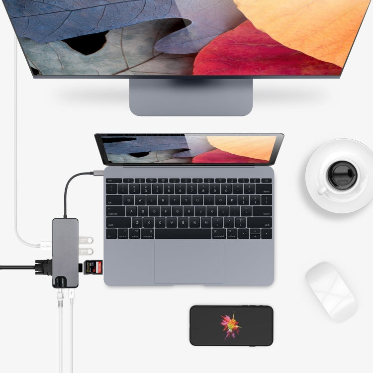 8-in-1 Type-C から HDMI + USB 3.0 + USB 3.0 + Type-C + LAN + VGA + TF/SDカードリーダーアダプター