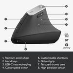 ロジクール MX Vertical 4000DPI USB-C / Type-C + Unifying + Bluetooth 3モード エルゴノミックワイヤレス垂直光学マウス、MX Vertical