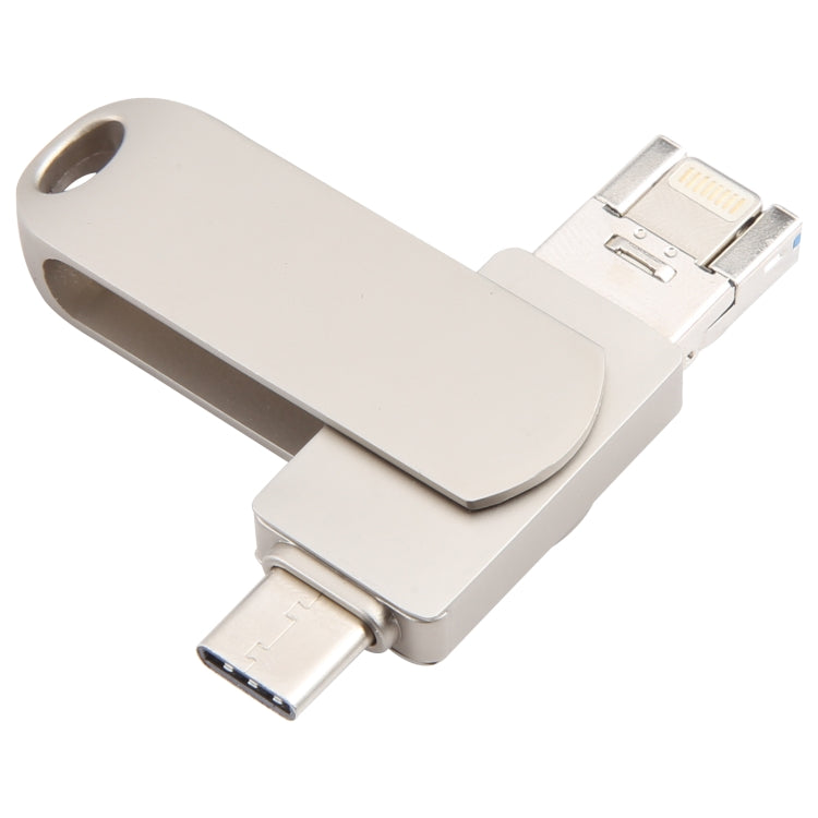 3-in-1 64G マイクロUSB + 8ピン + Type-C メタル回転式プッシュプルフラッシュディスク OTG機能付き、64G USB + 8ピン + Type-C