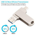 3-in-1 64G マイクロUSB + 8ピン + Type-C メタル回転式プッシュプルフラッシュディスク OTG機能付き、64G USB + 8ピン + Type-C