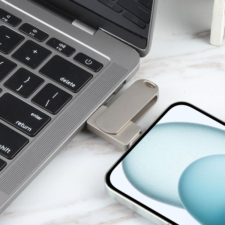 3-in-1 64G マイクロUSB + 8ピン + Type-C メタル回転式プッシュプルフラッシュディスク OTG機能付き、64G USB + 8ピン + Type-C