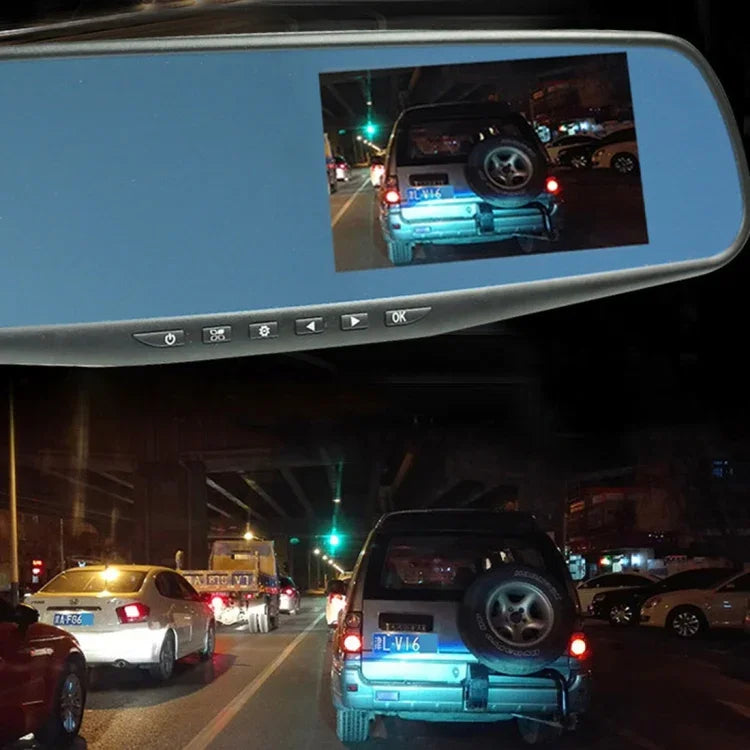 左側スクリーン表示リアビューミラー車両DVR、Allwinnerプログラム、2カメラ 1080P HD 140度広角視野、GPSポート／動体検知／ナイトビジョン／TFカード／Gセンサー対応、リアビューミラー車両DVR