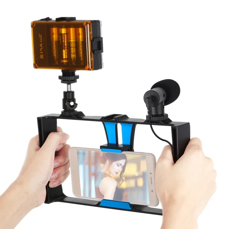 PULUZ 3イン1 Vloggingライブ配信用LEDセルフィーライト スマートフォンビデオリグキット マイク＋コールドシュートリポッドヘッド付き iPhone、Galaxy、Huawei、Xiaomi、HTC、LG、Google、その他スマートフォン対応、3イン1、3イン1（レッド）、3イン1（US）
