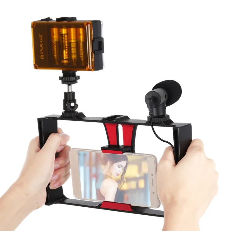 PULUZ 3イン1 Vloggingライブ配信用LEDセルフィーライト スマートフォンビデオリグキット マイク＋コールドシュートリポッドヘッド付き iPhone、Galaxy、Huawei、Xiaomi、HTC、LG、Google、その他スマートフォン対応、3イン1、3イン1（レッド）、3イン1（US）