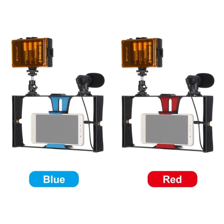PULUZ 3イン1 Vloggingライブ配信用LEDセルフィーライト スマートフォンビデオリグキット マイク＋コールドシュートリポッドヘッド付き iPhone、Galaxy、Huawei、Xiaomi、HTC、LG、Google、その他スマートフォン対応、3イン1、3イン1（レッド）、3イン1（US）