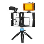 PULUZ 4イン1 Vloggingライブ配信用LEDセルフィーライト スマートフォンビデオリグキット マイク＋三脚マウント＋コールドシュートリポッドヘッド付き iPhone、Galaxy、Huawei、Xiaomi、HTC、LG、Google、その他スマートフォン対応、4イン1（ブルー）、4イン1、4イン1（US）