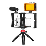 PULUZ 4イン1 Vloggingライブ配信用LEDセルフィーライト スマートフォンビデオリグキット マイク＋三脚マウント＋コールドシュートリポッドヘッド付き iPhone、Galaxy、Huawei、Xiaomi、HTC、LG、Google、その他スマートフォン対応、4イン1（ブルー）、4イン1、4イン1（US）