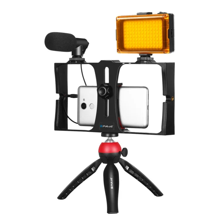 PULUZ 4イン1 Vloggingライブ配信用LEDセルフィーライト スマートフォンビデオリグキット マイク＋三脚マウント＋コールドシュートリポッドヘッド付き iPhone、Galaxy、Huawei、Xiaomi、HTC、LG、Google、その他スマートフォン対応、4イン1（ブルー）、4イン1、4イン1（US）