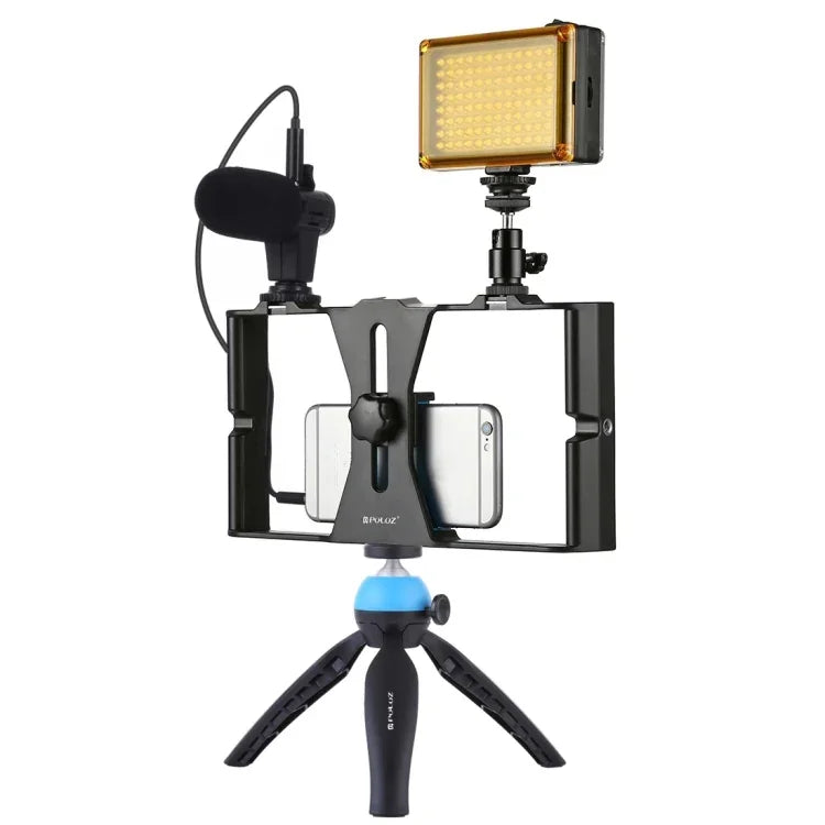 PULUZ 4イン1 Vloggingライブ配信用LEDセルフィーライト スマートフォンビデオリグキット マイク＋三脚マウント＋コールドシュートリポッドヘッド付き iPhone、Galaxy、Huawei、Xiaomi、HTC、LG、Google、その他スマートフォン対応、4イン1（ブルー）、4イン1、4イン1（US）