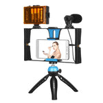 PULUZ 4イン1 Vloggingライブ配信用LEDセルフィーライト スマートフォンビデオリグキット マイク＋三脚マウント＋コールドシュートリポッドヘッド付き iPhone、Galaxy、Huawei、Xiaomi、HTC、LG、Google、その他スマートフォン対応、4イン1（ブルー）、4イン1、4イン1（US）