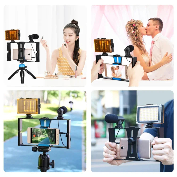 PULUZ 4イン1 Vloggingライブ配信用LEDセルフィーライト スマートフォンビデオリグキット マイク＋三脚マウント＋コールドシュートリポッドヘッド付き iPhone、Galaxy、Huawei、Xiaomi、HTC、LG、Google、その他スマートフォン対応、4イン1（ブルー）、4イン1、4イン1（US）