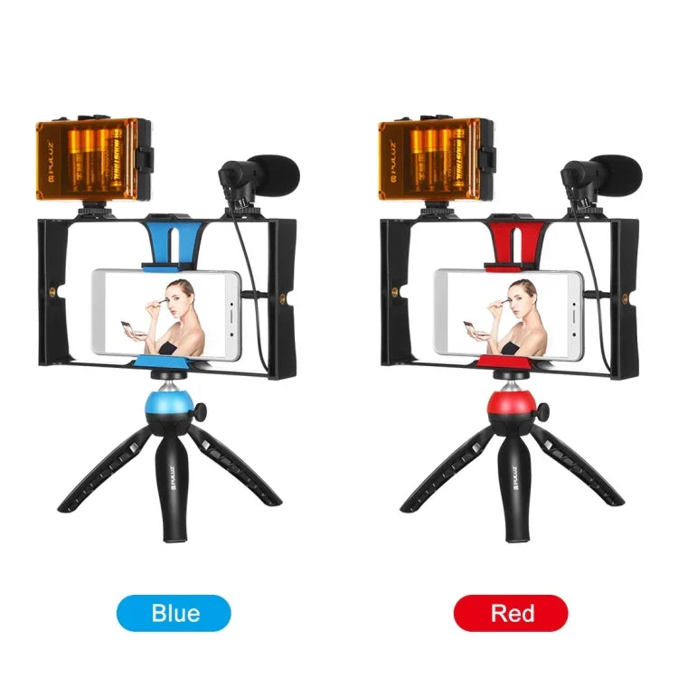 PULUZ 4イン1 Vloggingライブ配信用LEDセルフィーライト スマートフォンビデオリグキット マイク＋三脚マウント＋コールドシュートリポッドヘッド付き iPhone、Galaxy、Huawei、Xiaomi、HTC、LG、Google、その他スマートフォン対応、4イン1（ブルー）、4イン1、4イン1（US）