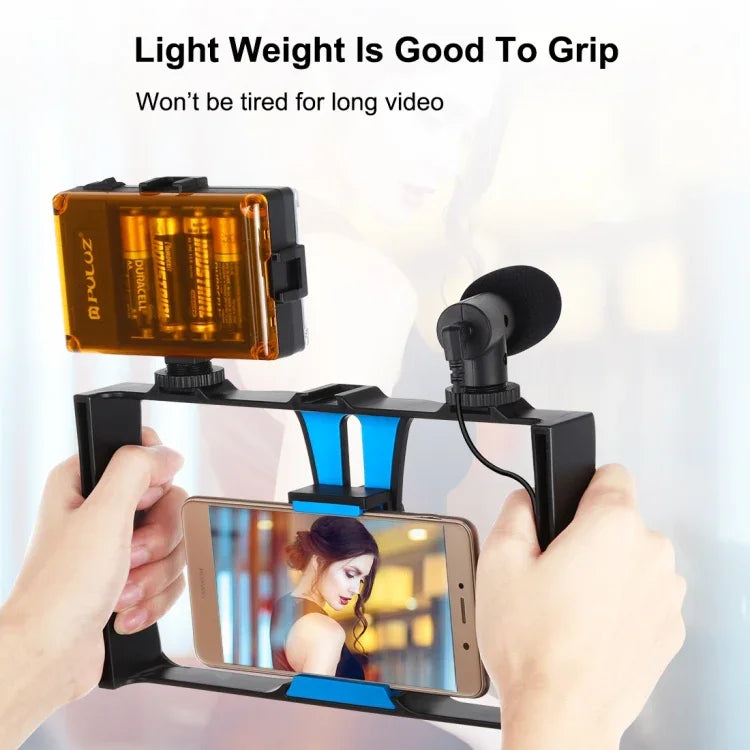 PULUZ 4イン1 Vloggingライブ配信用LEDセルフィーライト スマートフォンビデオリグキット マイク＋三脚マウント＋コールドシュートリポッドヘッド付き iPhone、Galaxy、Huawei、Xiaomi、HTC、LG、Google、その他スマートフォン対応、4イン1（ブルー）、4イン1、4イン1（US）