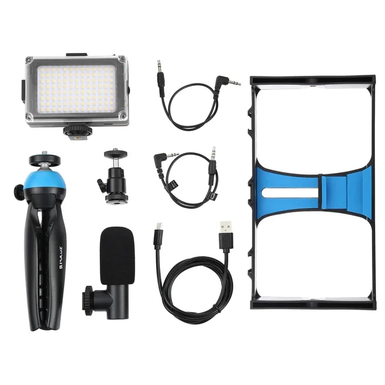 PULUZ 4イン1 Vloggingライブ配信用LEDセルフィーライト スマートフォンビデオリグキット マイク＋三脚マウント＋コールドシュートリポッドヘッド付き iPhone、Galaxy、Huawei、Xiaomi、HTC、LG、Google、その他スマートフォン対応、4イン1（ブルー）、4イン1、4イン1（US）
