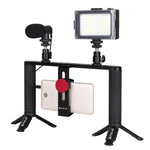 PULUZ 4イン1 Vloggingライブ配信用LEDセルフィーライト スマートフォンビデオリグハンドルスタビライザー アルミブラケットキット マイク＋三脚マウント＋コールドシュートリポッドヘッド付き、アルミブラケットキット