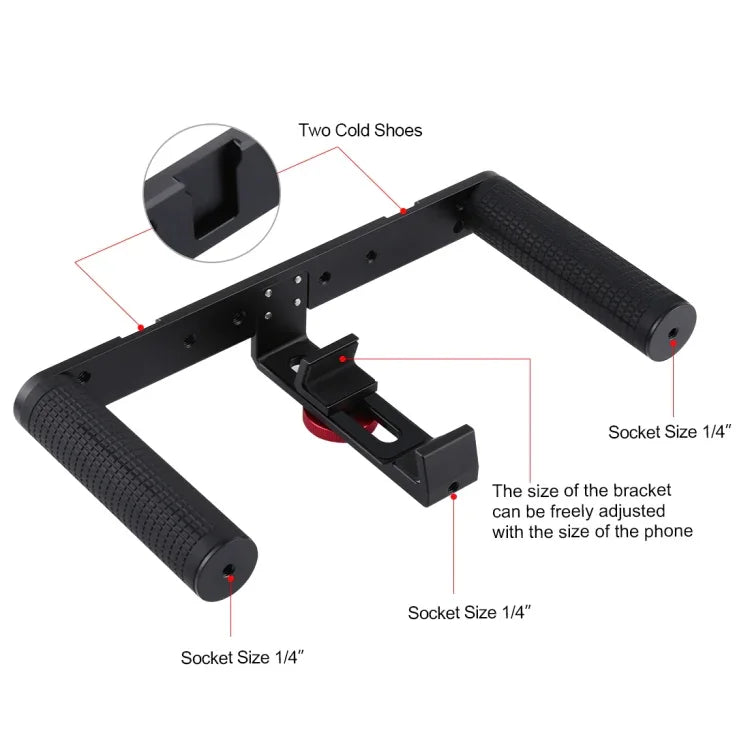 PULUZ 4イン1 Vloggingライブ配信用LEDセルフィーライト スマートフォンビデオリグハンドルスタビライザー アルミブラケットキット マイク＋三脚マウント＋コールドシュートリポッドヘッド付き、アルミブラケットキット